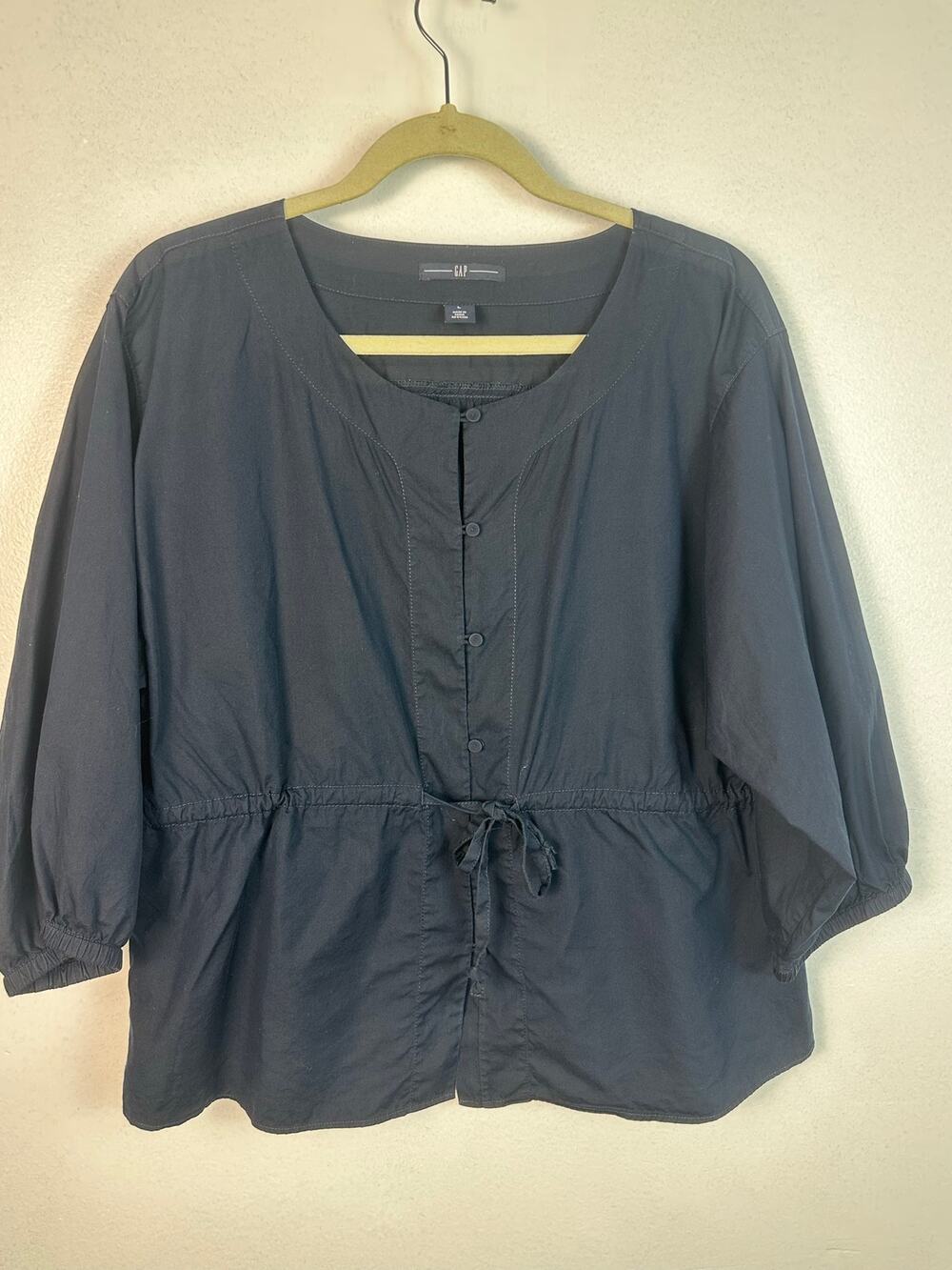 Gap Women's Large Navy cotton/silk blouse 3/4 length sleeves drawstring waist